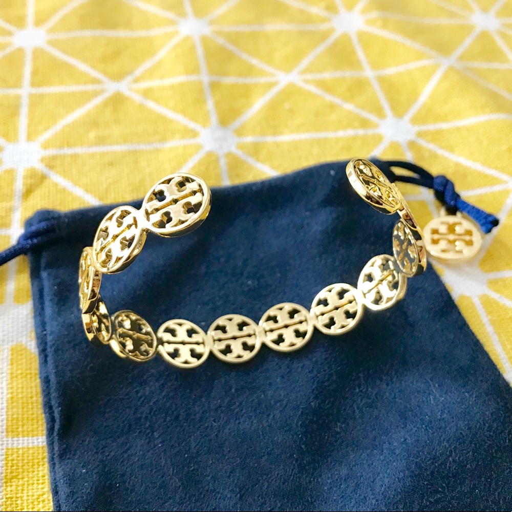 Tory Burch Gold Logo Cuff Shiny Brass Bracelet NEW - Picture 2 of 7